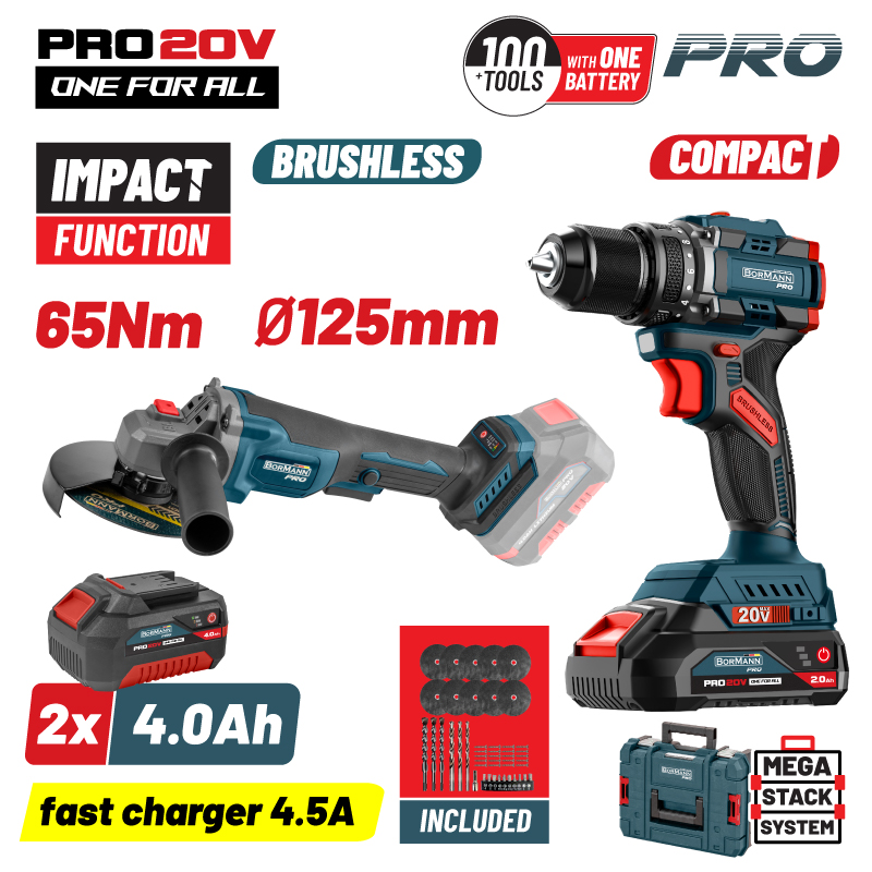 BORMANN Pro BBP5433X44T2CA Σετ Compact Brushless Κρουστικό Δραπαν/βιδο 65Νm & Γωνιακός Τροχός, ΒMC 1 BBP5433X44T2CA